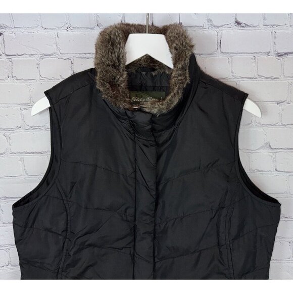 EDDIE BAUER Premium Goose Down Vest Faux Fur Collar Black Puffer Women's Large - Picture 2 of 6